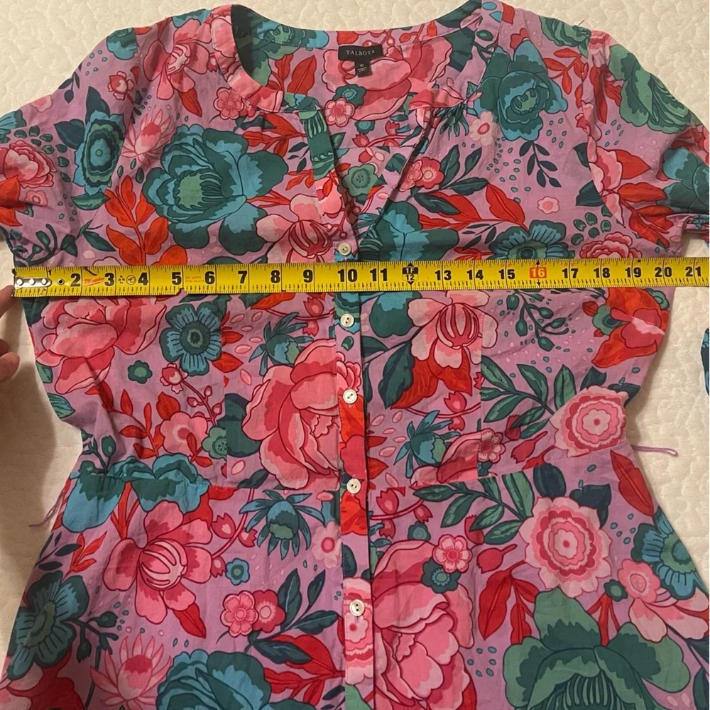 Talbots shirt dress sketched Blooms violet tulle flowers floral 100% Cotton Love